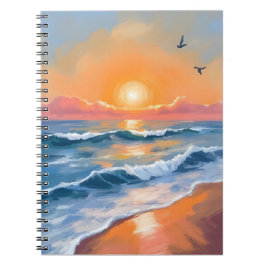 Caderno Espiral Pintura em Aquarela do Pôr do Sol no Oceano Pastel