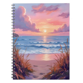 Caderno Espiral Pintura em Aquarela do Pôr do Sol no Oceano Rosa n
