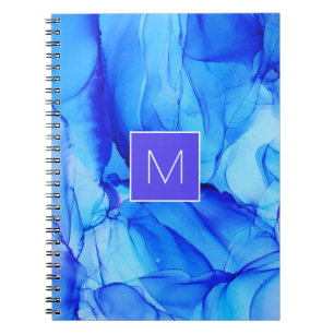Caderno Espiral Pintura em Monograma Branco Abstrato Azul Moderno