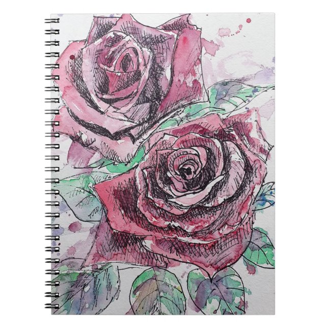 Caderno Espiral Pintura Floral Flores Aquarela Rosa Vermelha (Frente)
