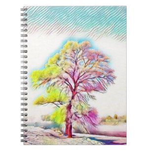 Caderno Espiral Pintura verde, rosa, azul, amarela, de uma árvore