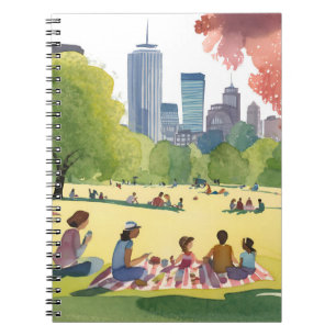 Caderno Espiral Piquenique no Boston Common Pintura em Aquarela