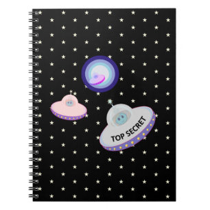Caderno Espiral Pires voadores. alienígenas azuis & estrelas branc