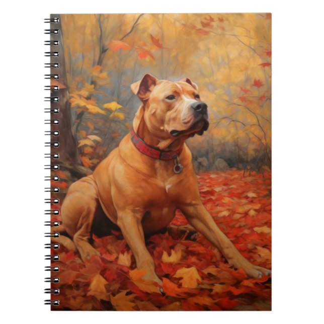 Caderno Espiral Pitbull no outono Folhas caem inspiração (Frente)
