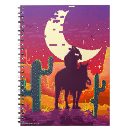 Caderno Espiral píxel do vovô no cavalo e na paisagem