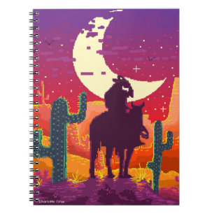 Caderno Espiral píxel do vovô no cavalo e na paisagem