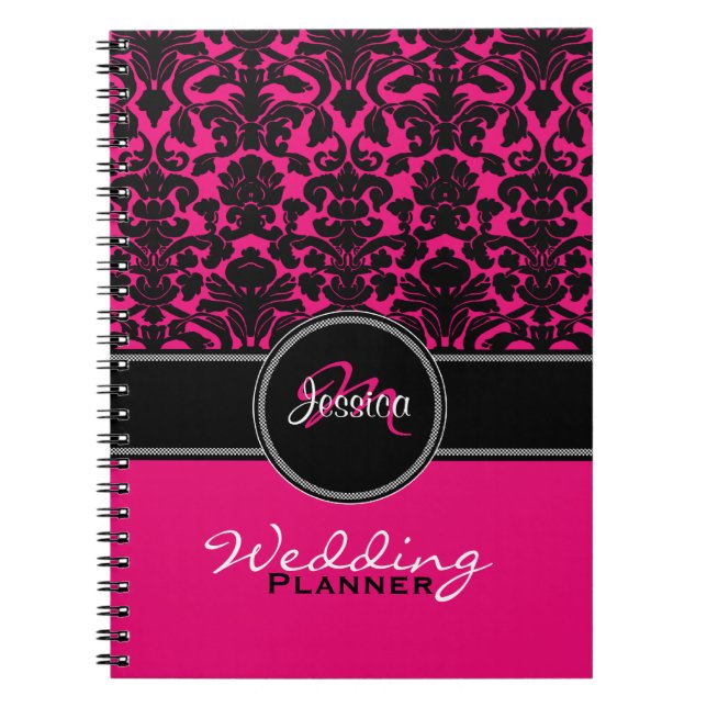 Caderno Espiral Placa Casamento tema damasco Branco preto-rosa mon (Frente)
