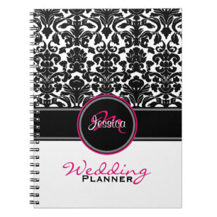 Caderno Espiral Placa Casamento tema damasco Branco preto-rosa mon