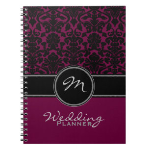 Caderno Espiral Placa de Casamento tema damasco Branco Preto de Mo