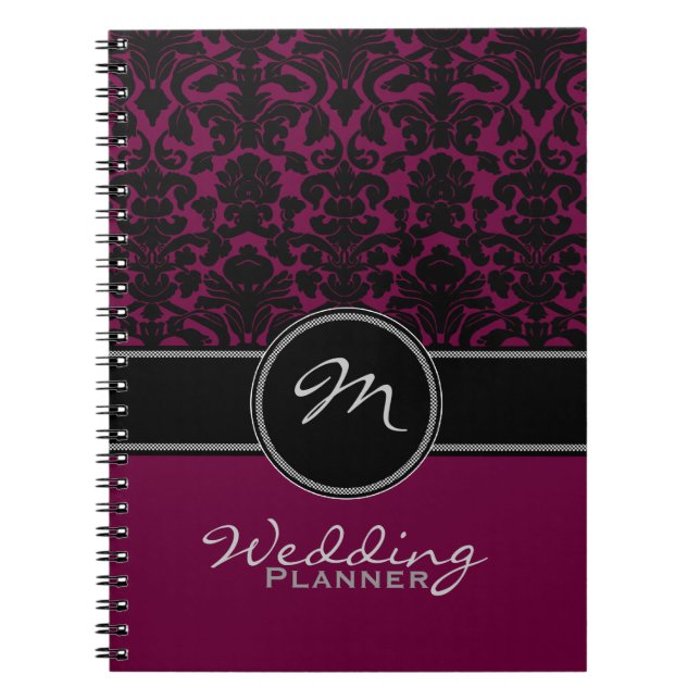 Caderno Espiral Placa de Casamento tema damasco Branco Preto de Mo (Frente)