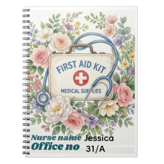 Caderno Espiral Placa Personalizada de Enfermeira Escolar, Floral