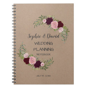 Caderno Espiral Planador Romântico de Casamento Floral de Marsala,