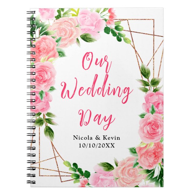 Caderno Espiral Planejador de Casamento com Rosas Rosas e Folhagem (Frente)