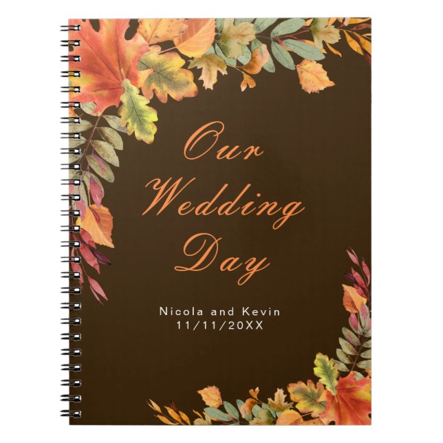Caderno Espiral Planejador de casamento de folhas de outono rústic (Frente)