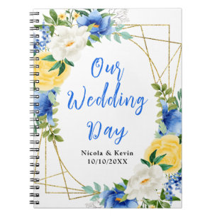 Caderno Espiral Planejador de Casamento Floral Azul e Amarelo