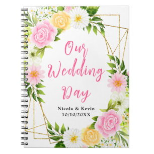 Caderno Espiral Planejador de Casamento Floral Rosa e Amarelo de V