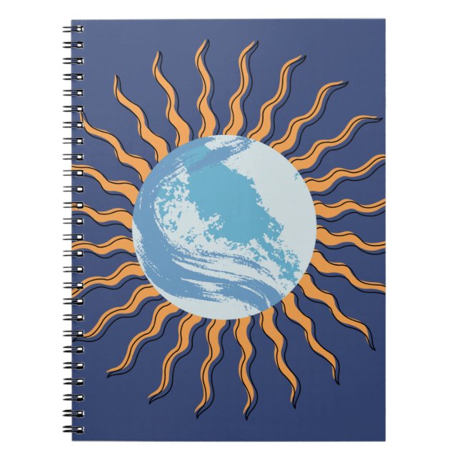 Caderno Espiral planeta de raios solares de estilo abstrato retro (Frente)