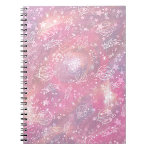 Caderno Espiral Planetas Céu de Constelações de Galáxias Rosa