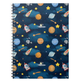 Caderno Espiral Planetas do Espaço Exterior Azul Padrão Sem Costur