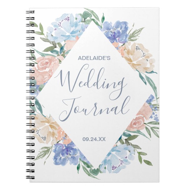 Caderno Espiral Planner de Casamento de Diamante Floral Dusty Blue (Frente)