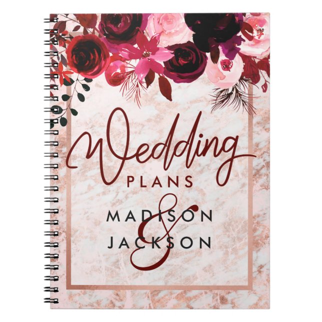 Caderno Espiral Planner de Casamento de Marble Floral e Rosa Doura (Frente)