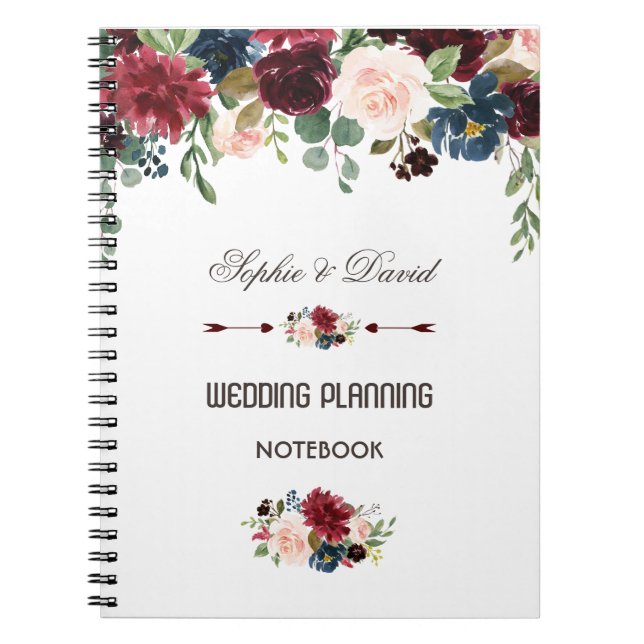 Caderno Espiral Planner de Casamento Floral Azul do Marinho Merlot (Frente)