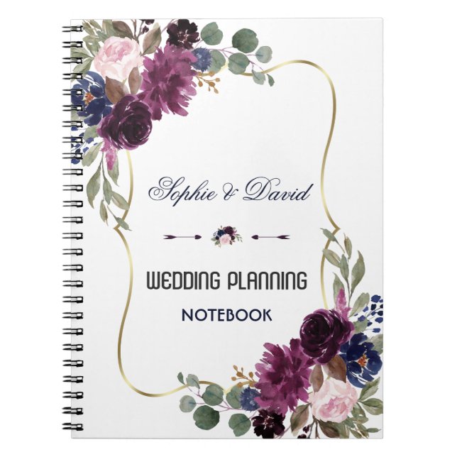 Caderno Espiral Planner de Casamento Floral Dourado Azul do Marinh (Frente)