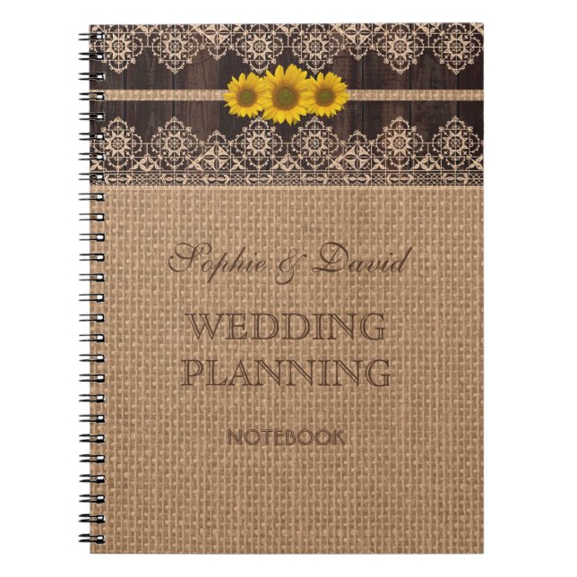 Caderno Espiral Planner Rustic Lace Burlap Wood Weding Planner (Frente)