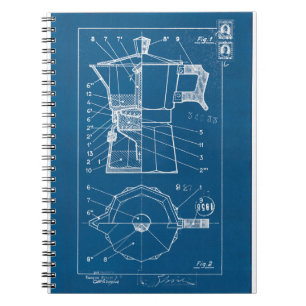 Caderno Espiral plano blueprint cafetiere moka bialetti