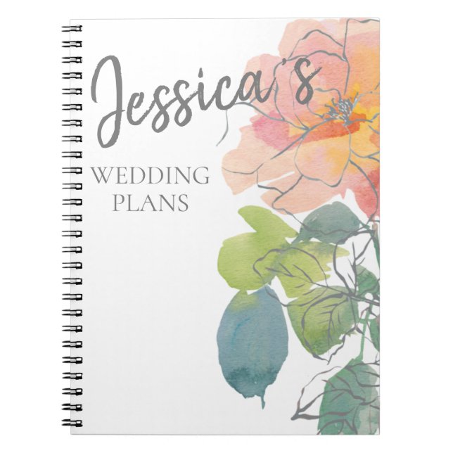Caderno Espiral Planos de Casamento Floral de Coral Pink Watercolo (Frente)