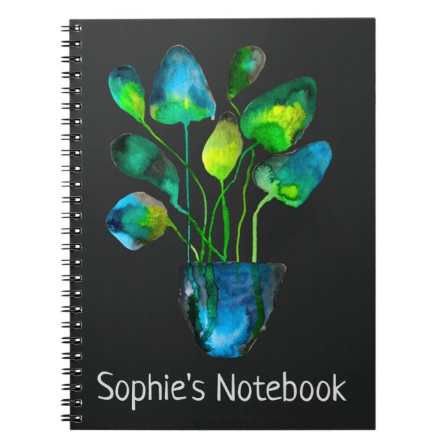 Caderno Espiral Plantas aquáticas de arte verde e abstrato azul (Frente)