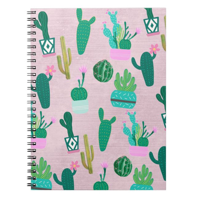 Caderno Espiral Plantas Cactos Cactáceas do Sudoeste Rústico Rosa (Frente)