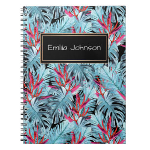 Caderno Espiral Plantas tropicais vermelhas e azuis