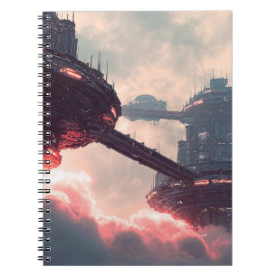 Caderno Espiral Plataformas futuristas nas nuvens ao crepúsculo