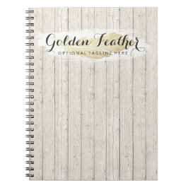 Caderno Espiral Pluma Boêmia Dourada em Tábuas de Madeira Rústica