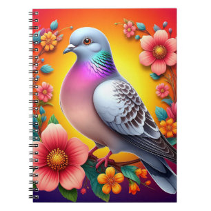 Caderno Espiral Pombo Colorido Rodeado por Flores Vibrantes