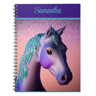 Caderno Espiral Pôneo Mágico em Roxo e Teal com Nome Personalizado