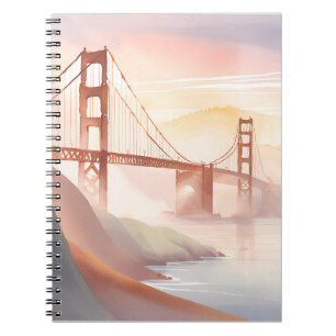 Caderno Espiral Ponte Golden Gate Nascer do Sol Aquarela Bonita