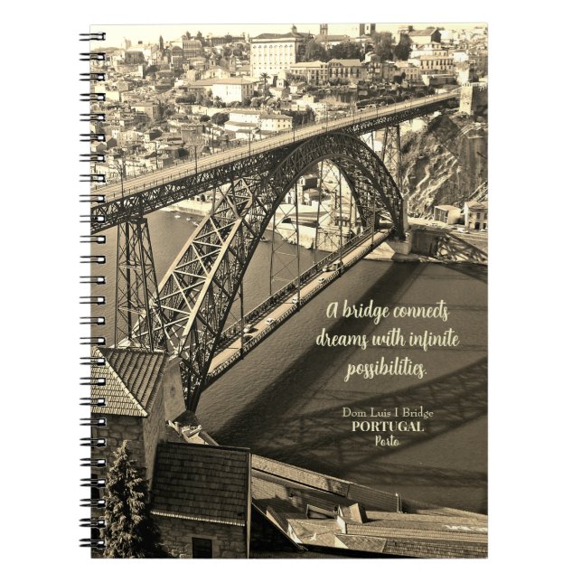 Caderno Espiral Ponte Porto sobre o rio Douro, Portugal, sepia (Frente)