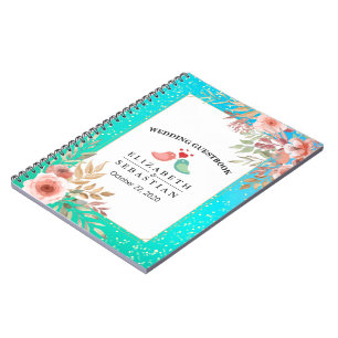 Caderno Espiral Ponto Dourado do Teal Floral Rosa Moderno do Guest