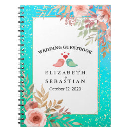Caderno Espiral Ponto Dourado do Teal Floral Rosa Moderno do Guest