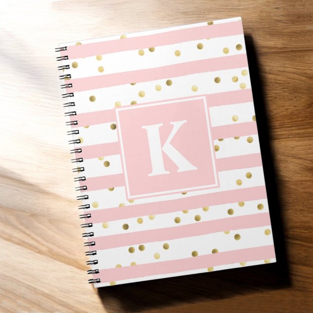 Caderno Espiral Pontos Dourados com faixas cor-de-rosa-branca Qual (Personalize with your monogram initial.)