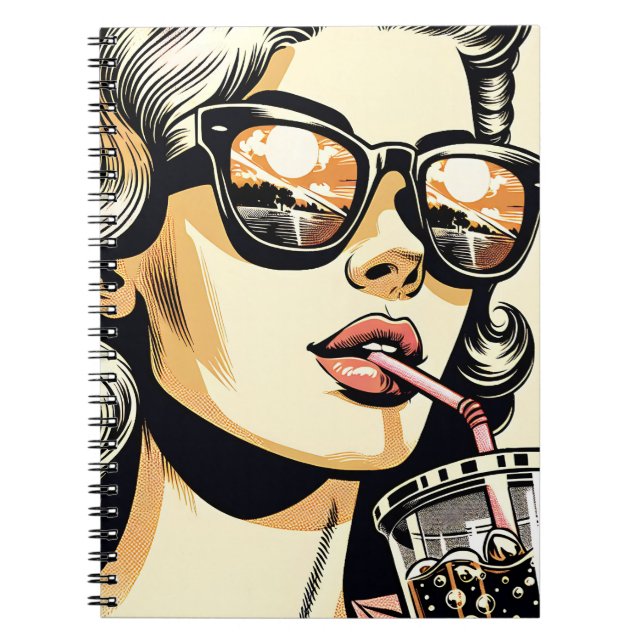 Caderno Espiral Pop Art Comic Book Bonito Mulher Bebendo Soda (Frente)