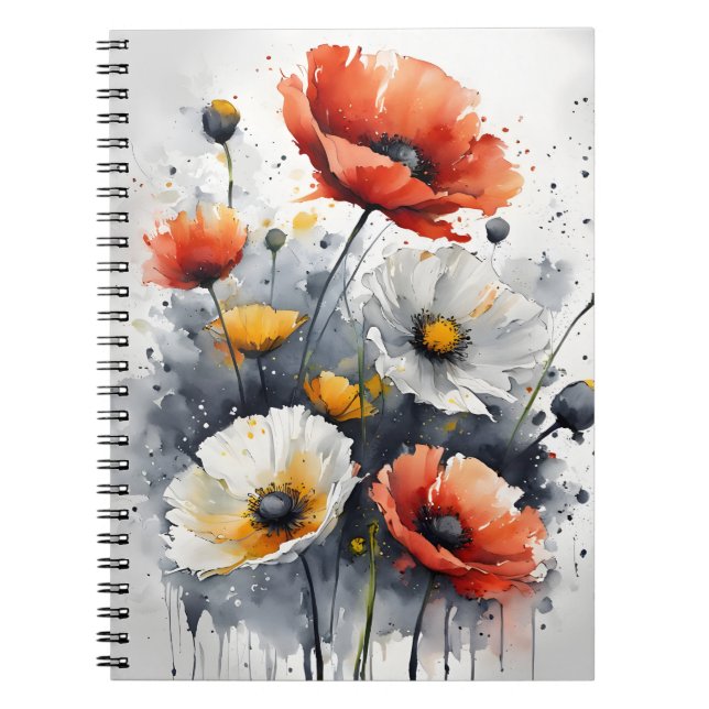 Caderno Espiral Poppies and daisies - Watercolor flowers (Frente)