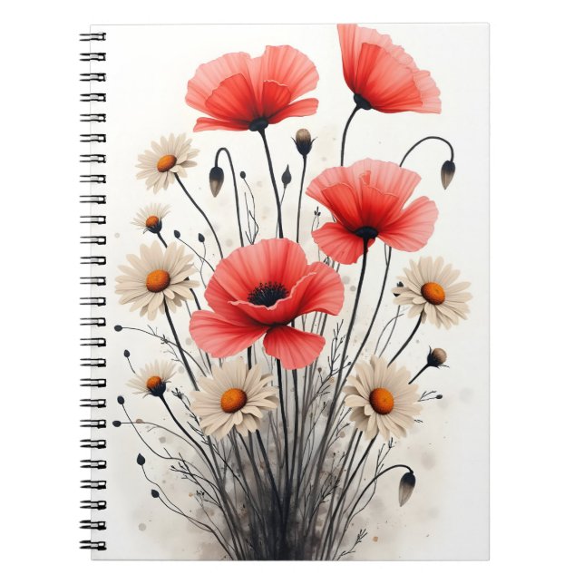 Caderno Espiral Poppies and daisies - Watercolor flowers (Frente)
