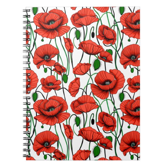 Caderno Espiral Poppies vermelhos num campo de branco (Frente)