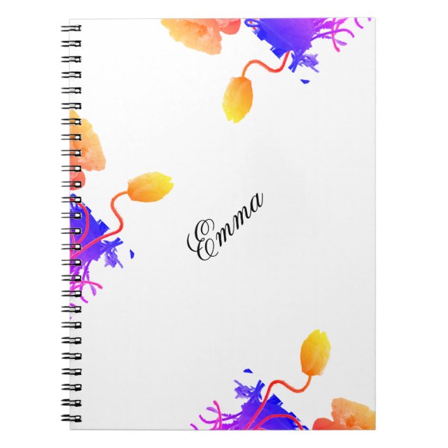 Caderno Espiral Poppy Flowers Watercolor Nome Personalizado Floral (Frente)