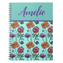 Caderno Espiral Poppy Poppies Red Chique Aqua Flores Florais