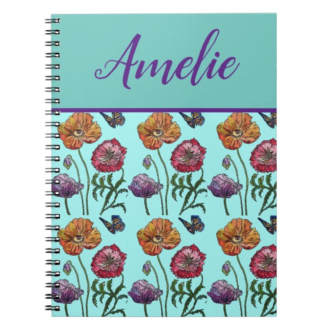 Caderno Espiral Poppy Poppies Red Chique Aqua Flores Florais (Frente)