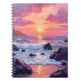 Caderno Espiral Pôr do sol de coral rosa | Ondas do oceano aquarel